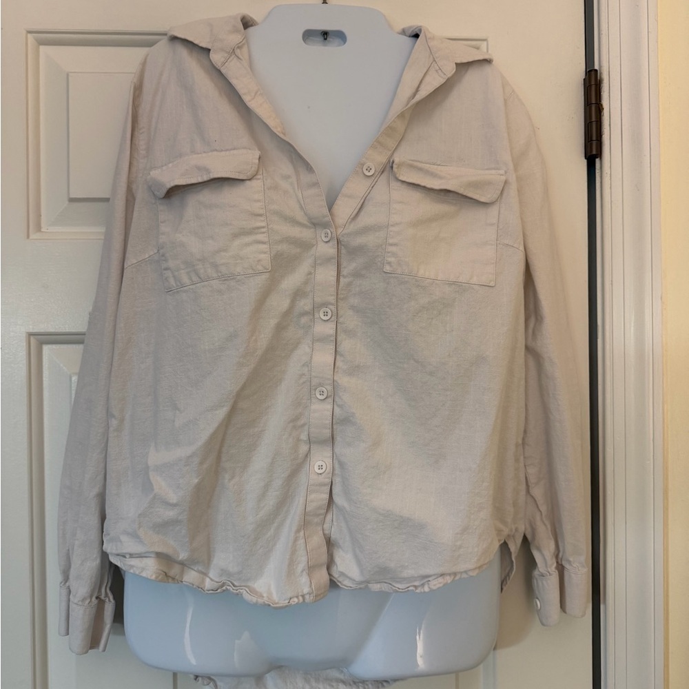 Light Cream Button-Down Shirt with Hood